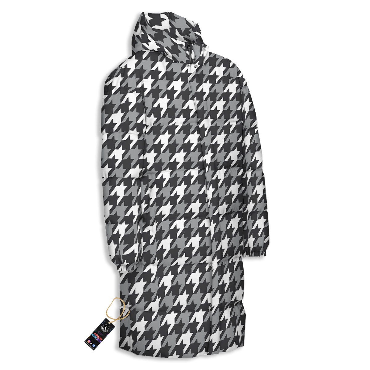 Houndstooth White And Grey Print Pattern Long Down Jacket-grizzshop