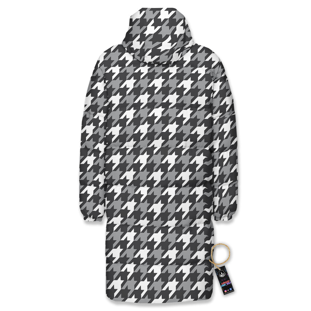 Houndstooth White And Grey Print Pattern Long Down Jacket-grizzshop