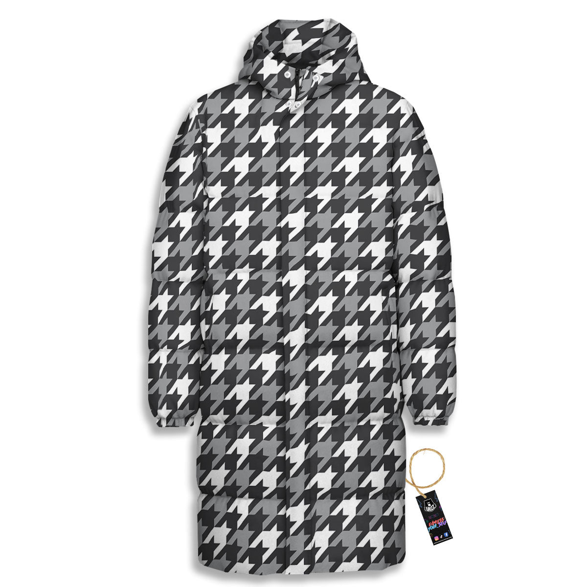 Houndstooth White And Grey Print Pattern Long Down Jacket-grizzshop