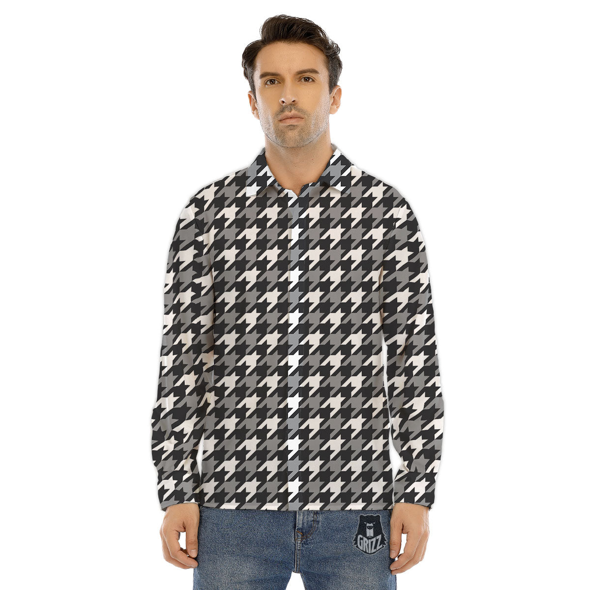 Houndstooth White And Grey Print Pattern Men's Dress Shirts-grizzshop