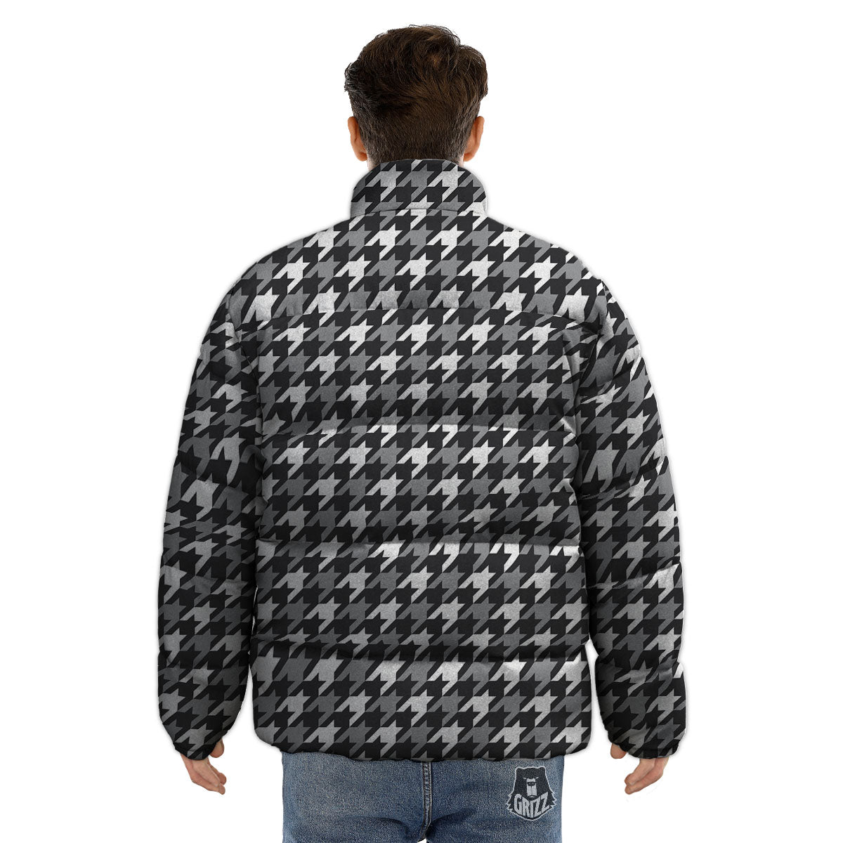 Houndstooth White And Grey Print Pattern Puffer Jacket-grizzshop