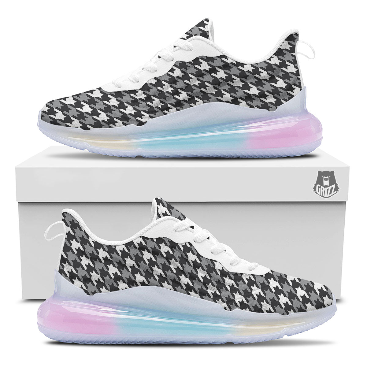 Houndstooth White And Grey Print Pattern Running Sneakers-grizzshop