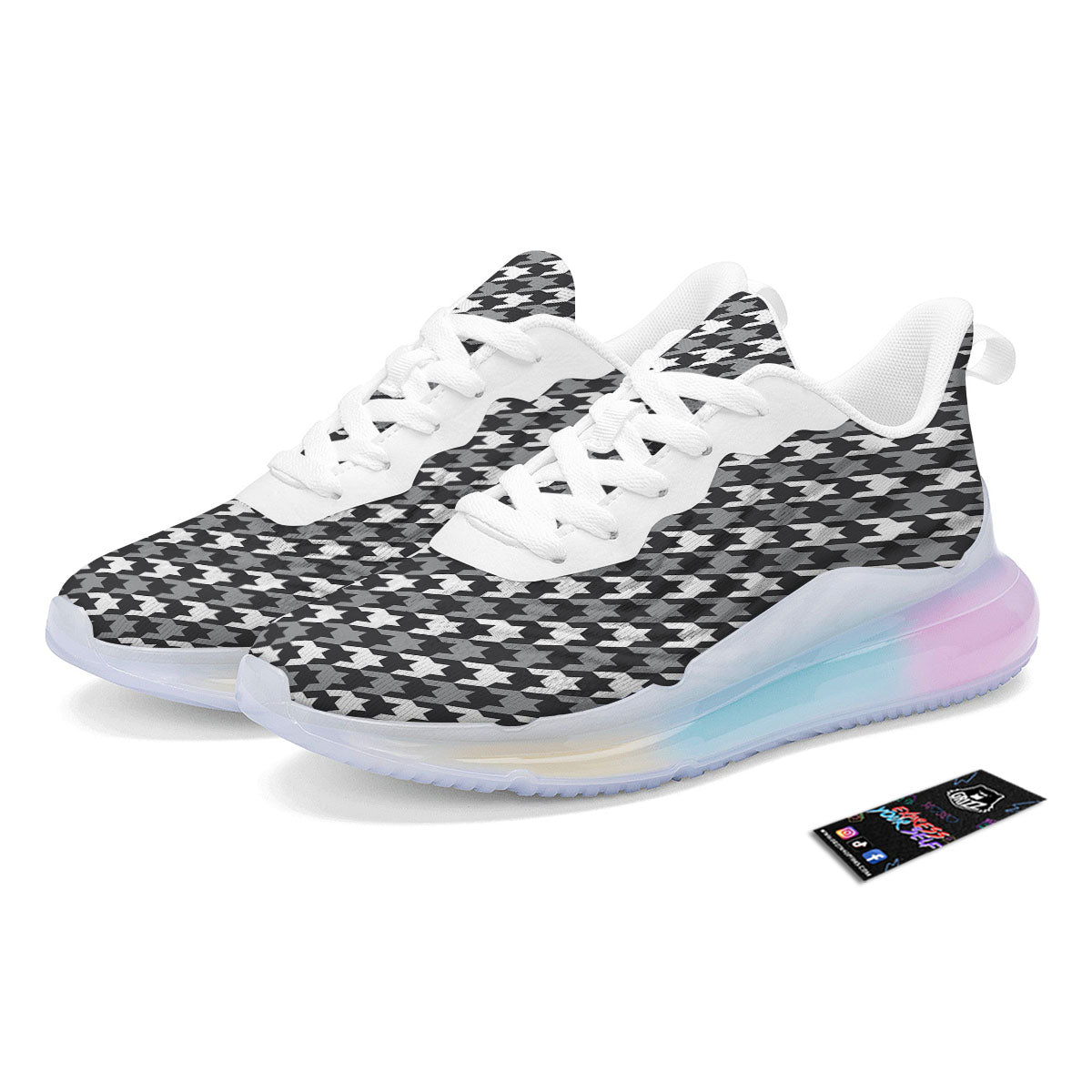 Houndstooth White And Grey Print Pattern Running Sneakers-grizzshop