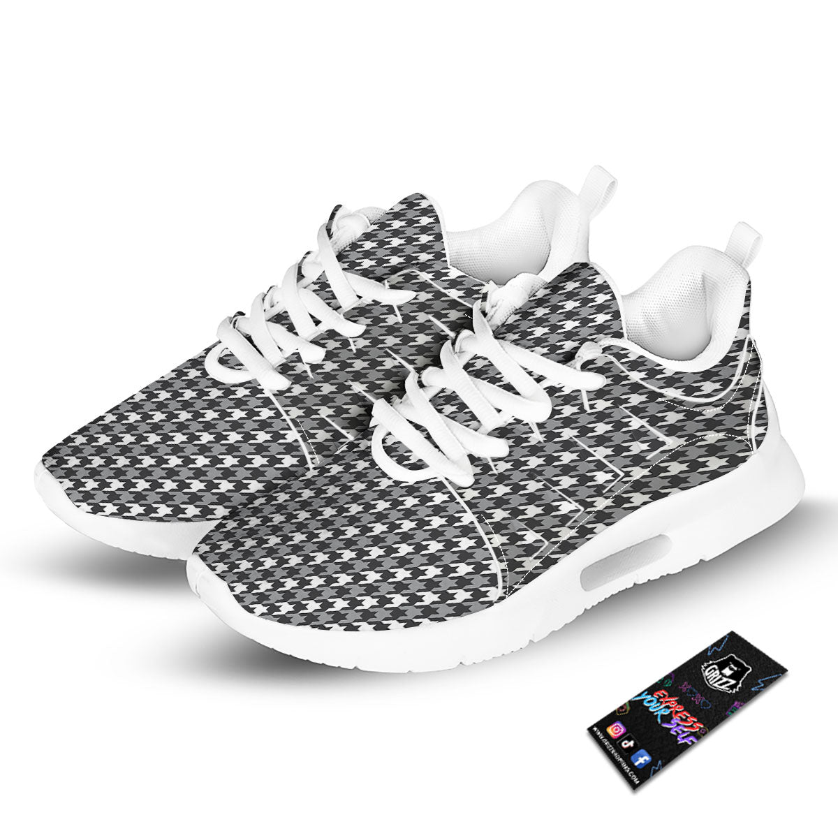 Houndstooth White And Grey Print Pattern Tennis Shoes-grizzshop