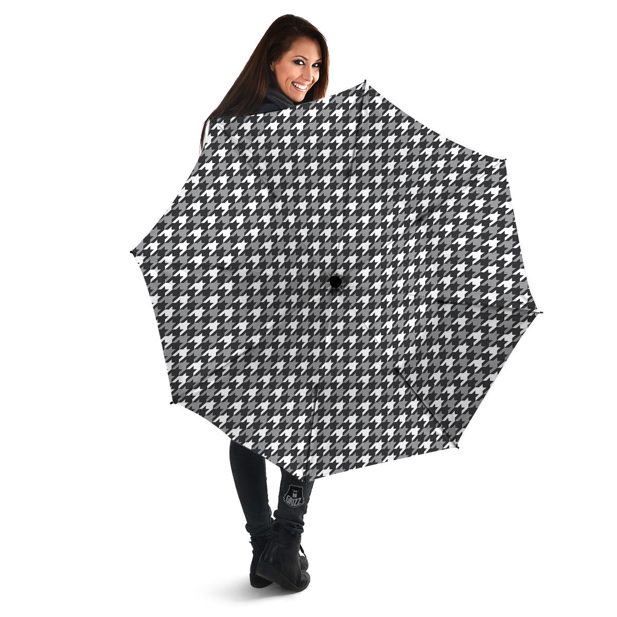 Houndstooth White And Grey Print Pattern Umbrella-grizzshop