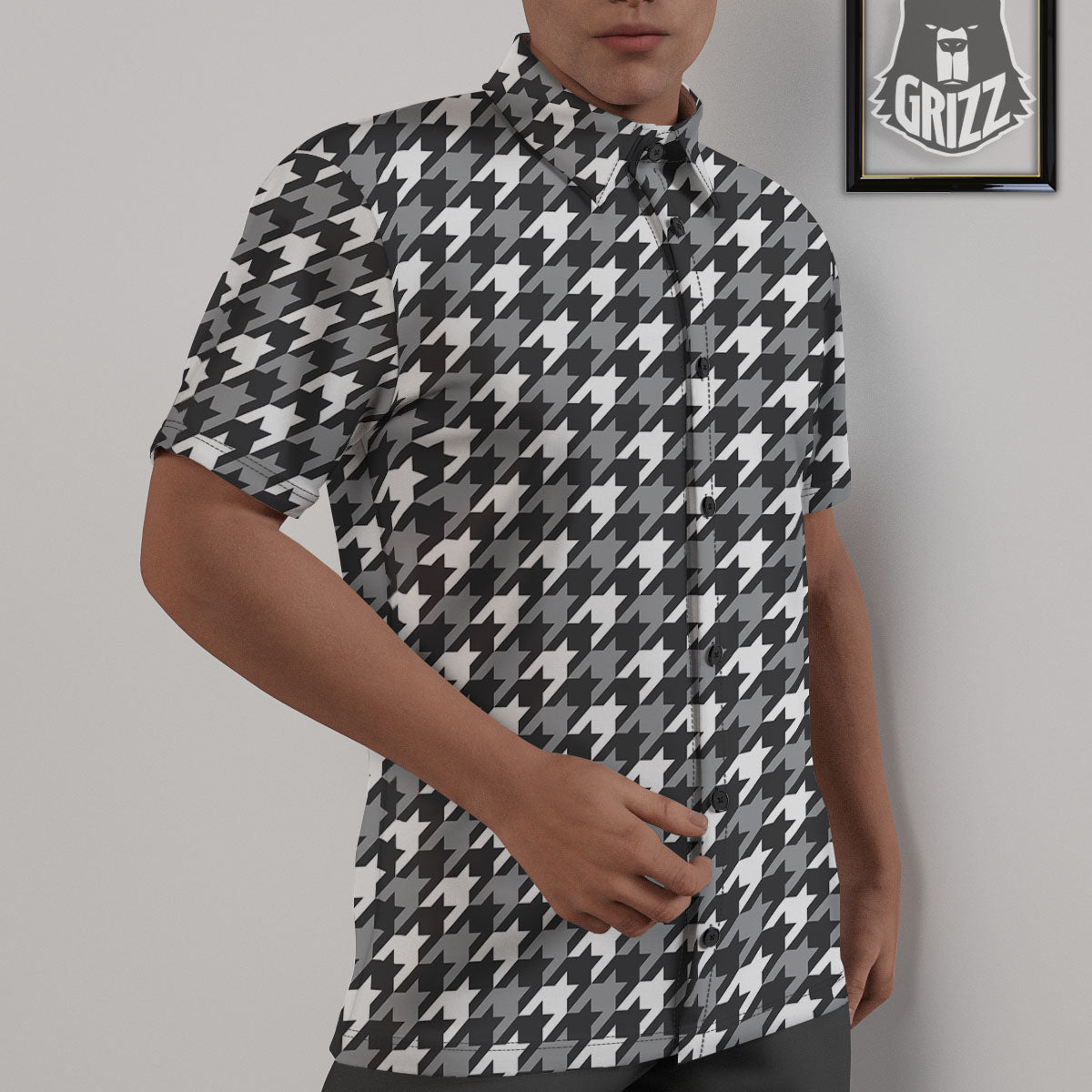Houndstooth White And Grey Print Pattern Untucked Shirts-grizzshop