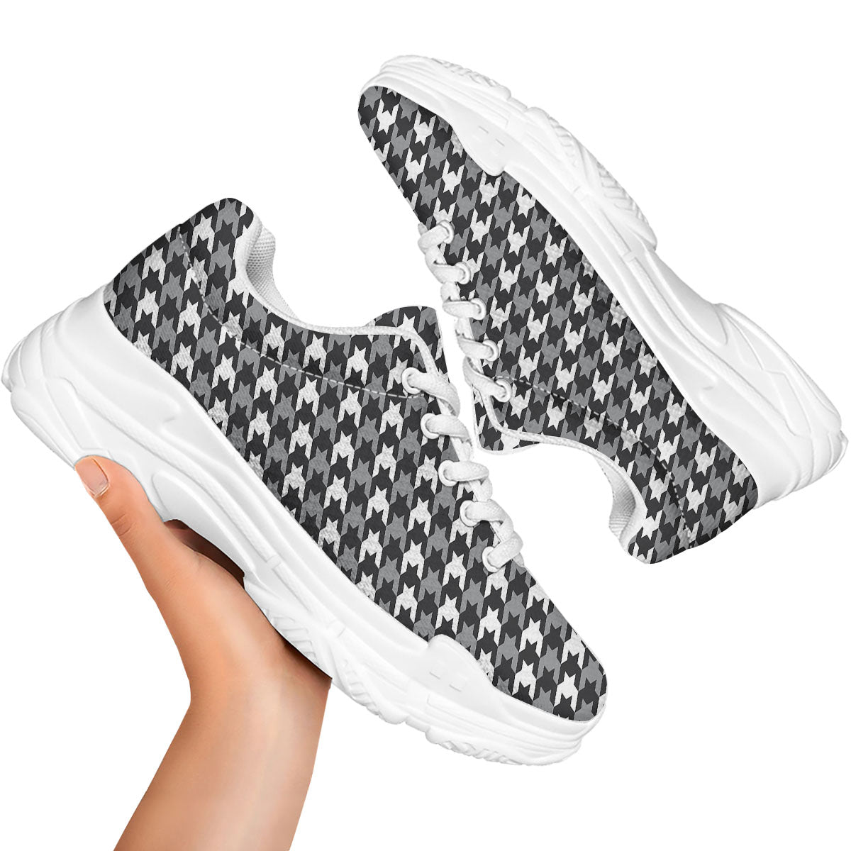 Houndstooth White And Grey Print Pattern White Chunky Shoes-grizzshop