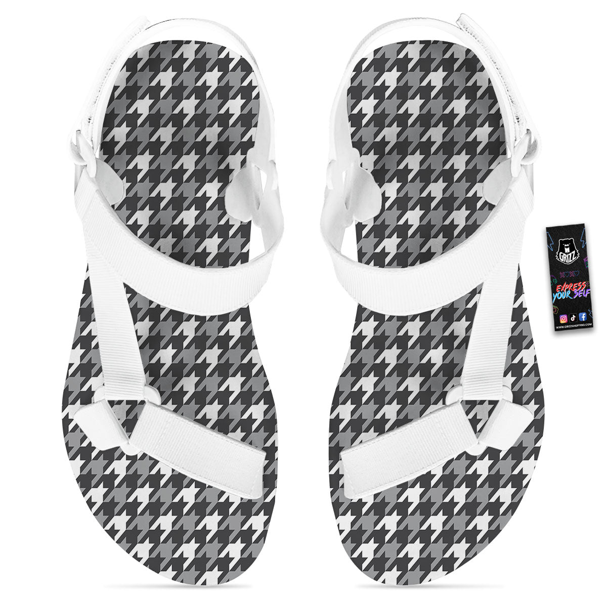 Houndstooth White And Grey Print Pattern White Open Toe Sandals-grizzshop