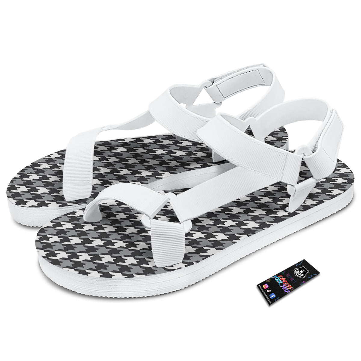 Houndstooth White And Grey Print Pattern White Open Toe Sandals-grizzshop