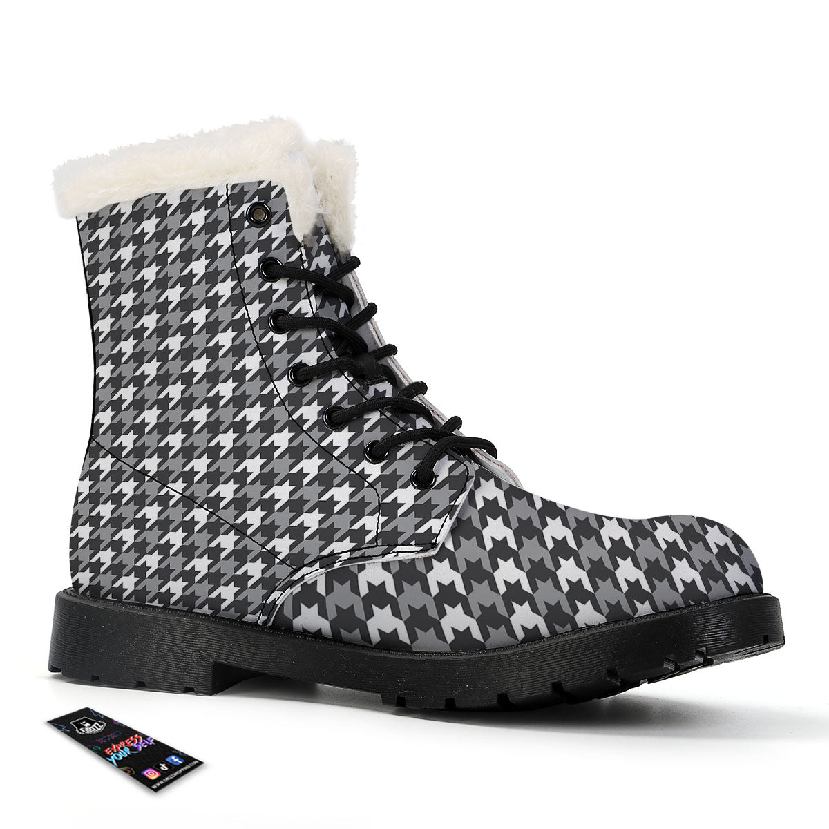 Houndstooth White And Grey Print Pattern Winter Boots-grizzshop