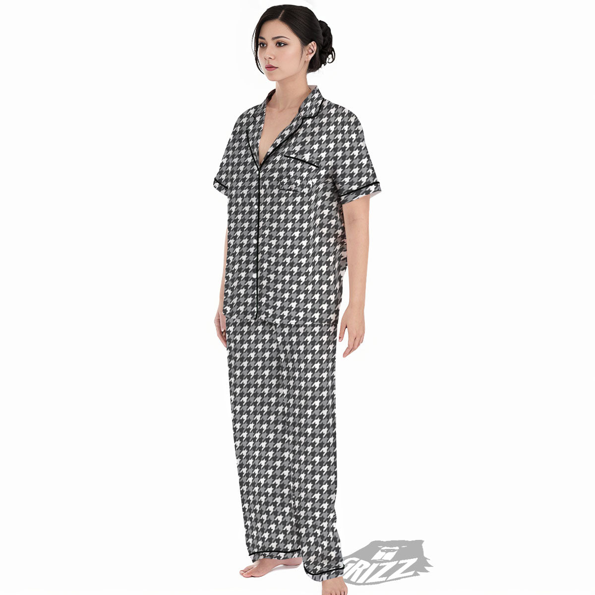 Houndstooth White And Grey Print Pattern Women's Pajamas Set-grizzshop