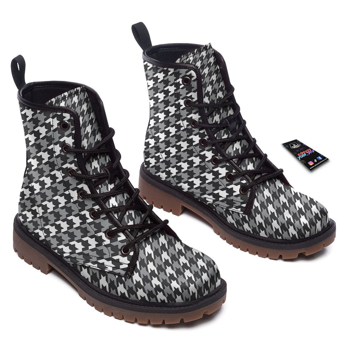 Houndstooth White And Grey Print Pattern Work Boots-grizzshop