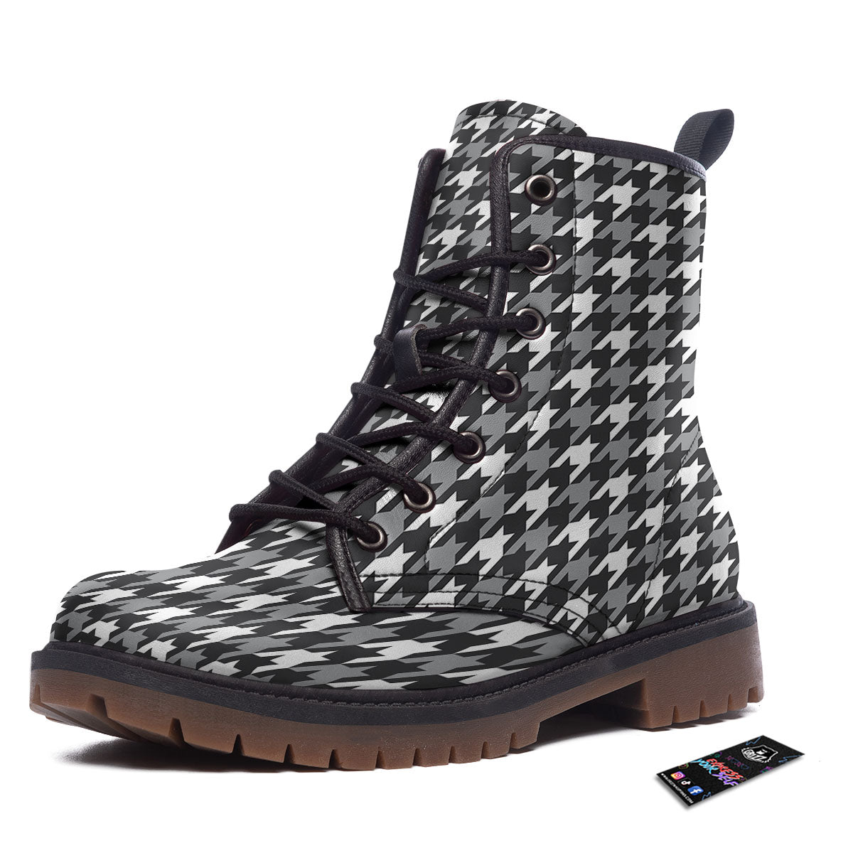 Houndstooth White And Grey Print Pattern Work Boots-grizzshop