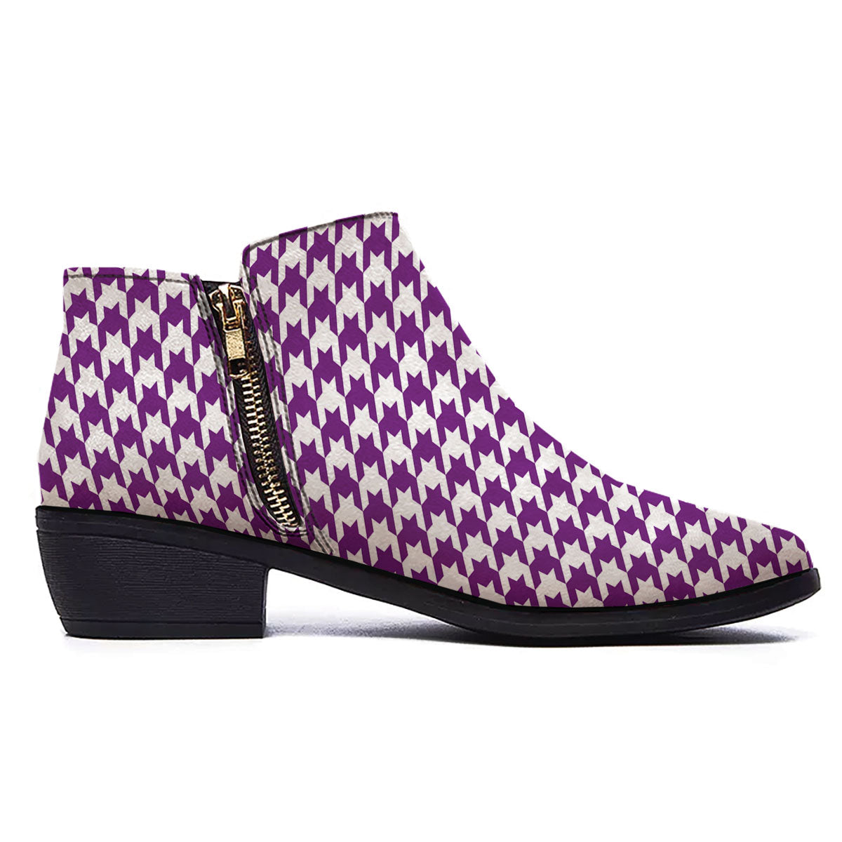 Houndstooth White And Purple Print Ankle Boots-grizzshop