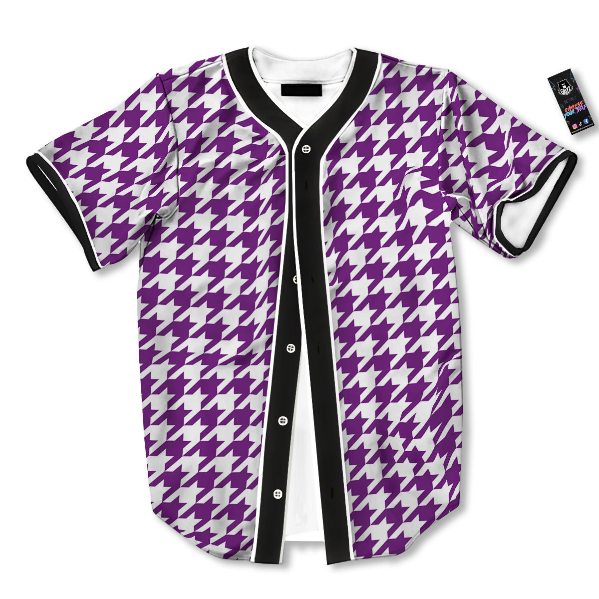Houndstooth White And Purple Print Baseball Jersey-grizzshop