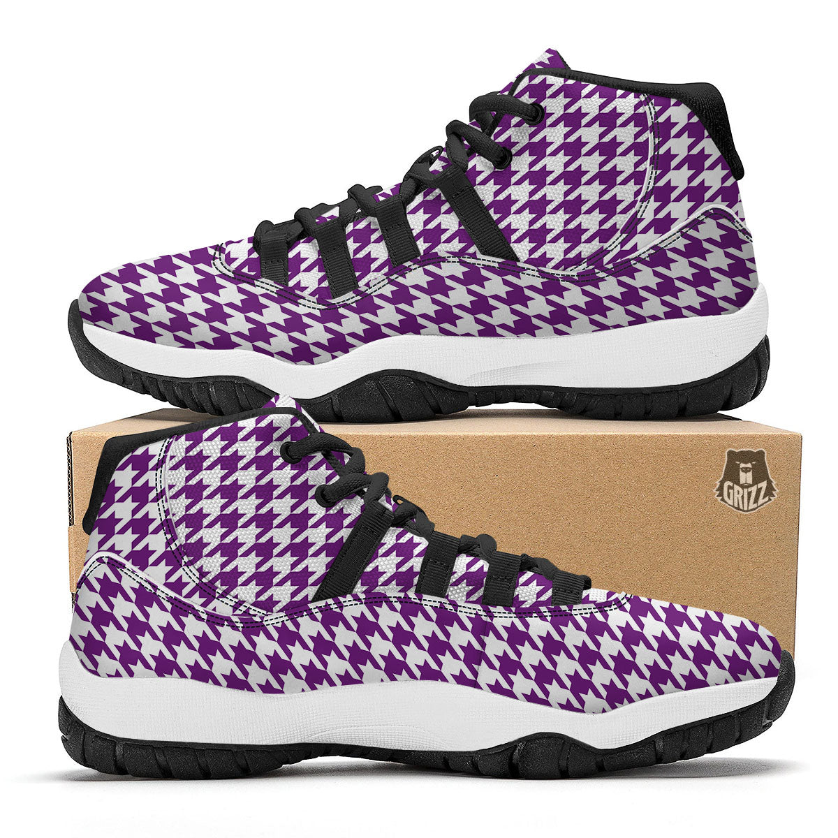 Houndstooth White And Purple Print Black Bball Shoes-grizzshop