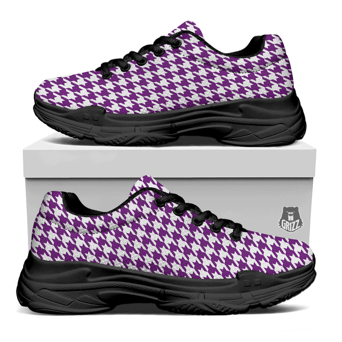 Houndstooth White And Purple Print Black Chunky Shoes-grizzshop