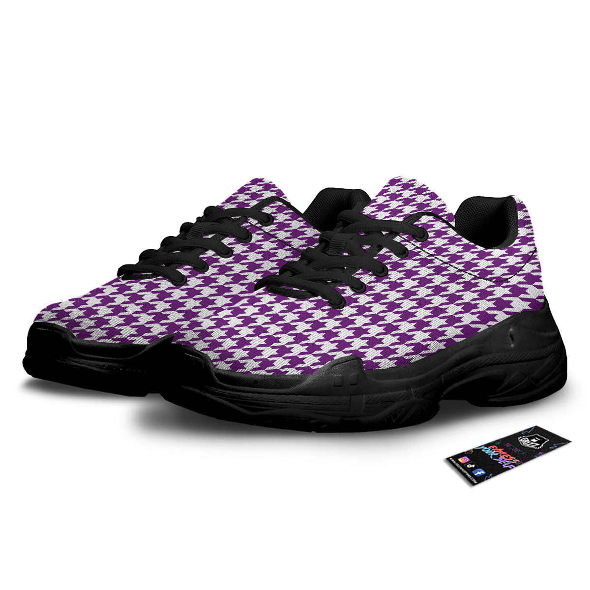 Houndstooth White And Purple Print Black Chunky Shoes-grizzshop