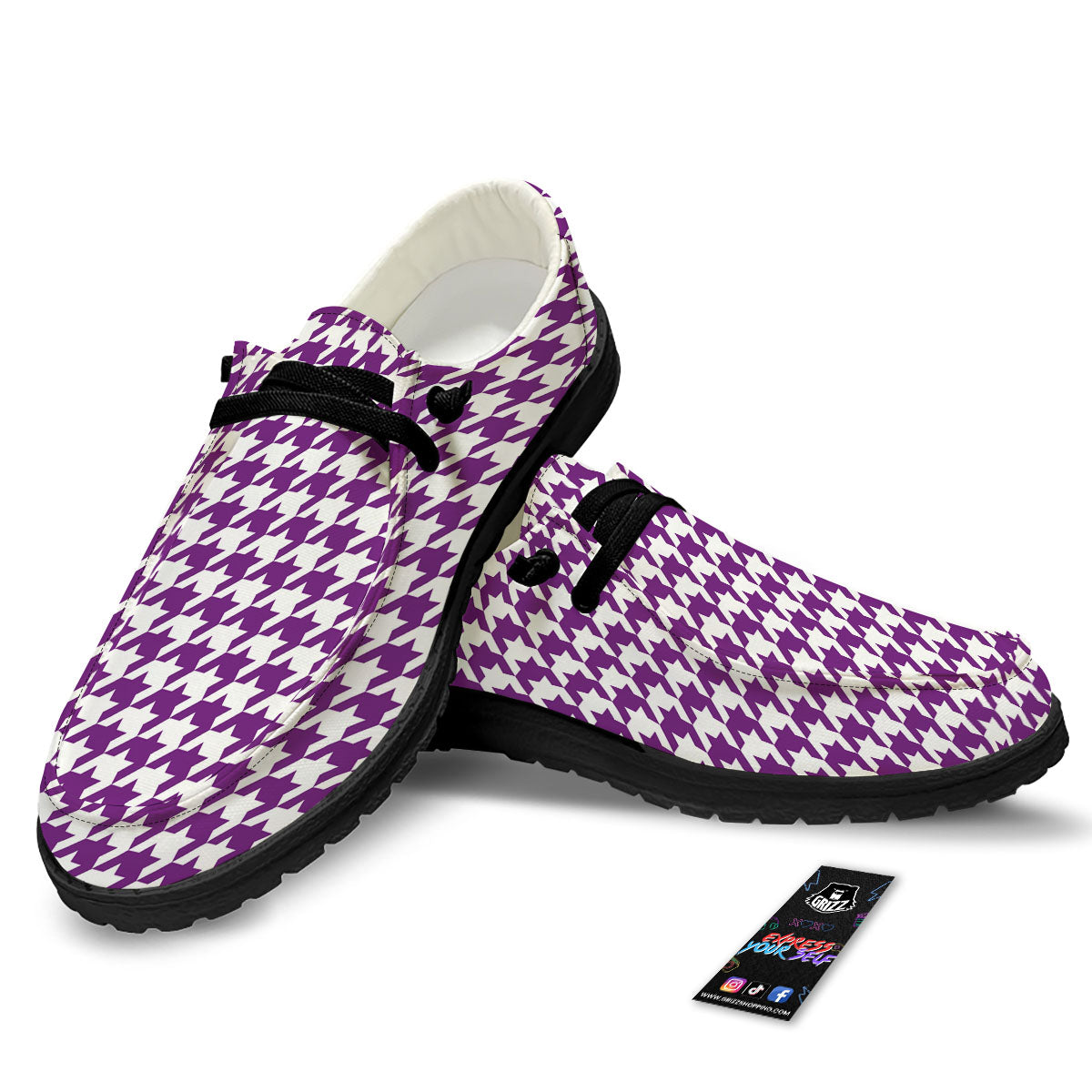 Houndstooth White And Purple Print Black Loafers-grizzshop