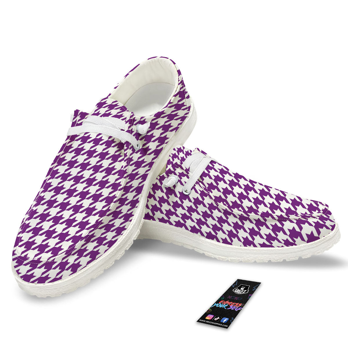 Houndstooth White And Purple Print Black Loafers-grizzshop