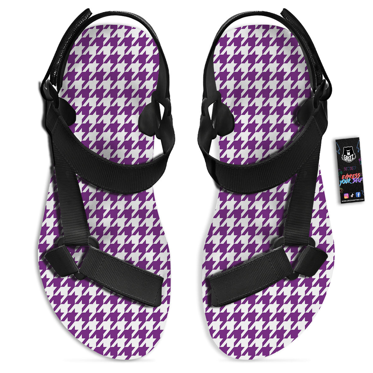 Houndstooth White And Purple Print Black Open Toe Sandals-grizzshop