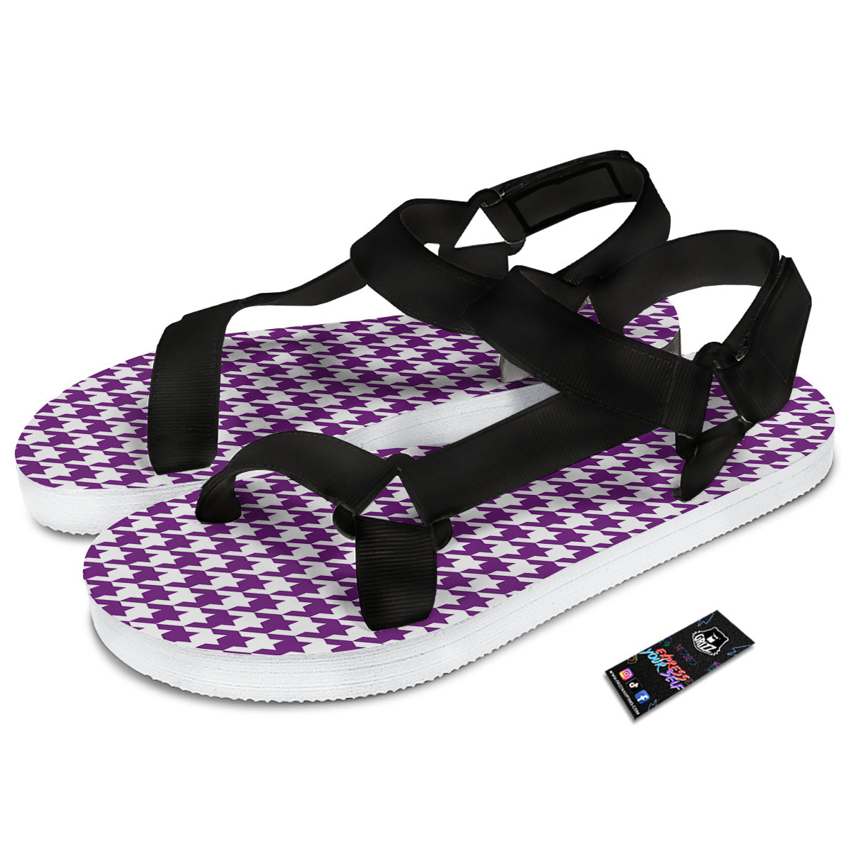 Houndstooth White And Purple Print Black Open Toe Sandals-grizzshop