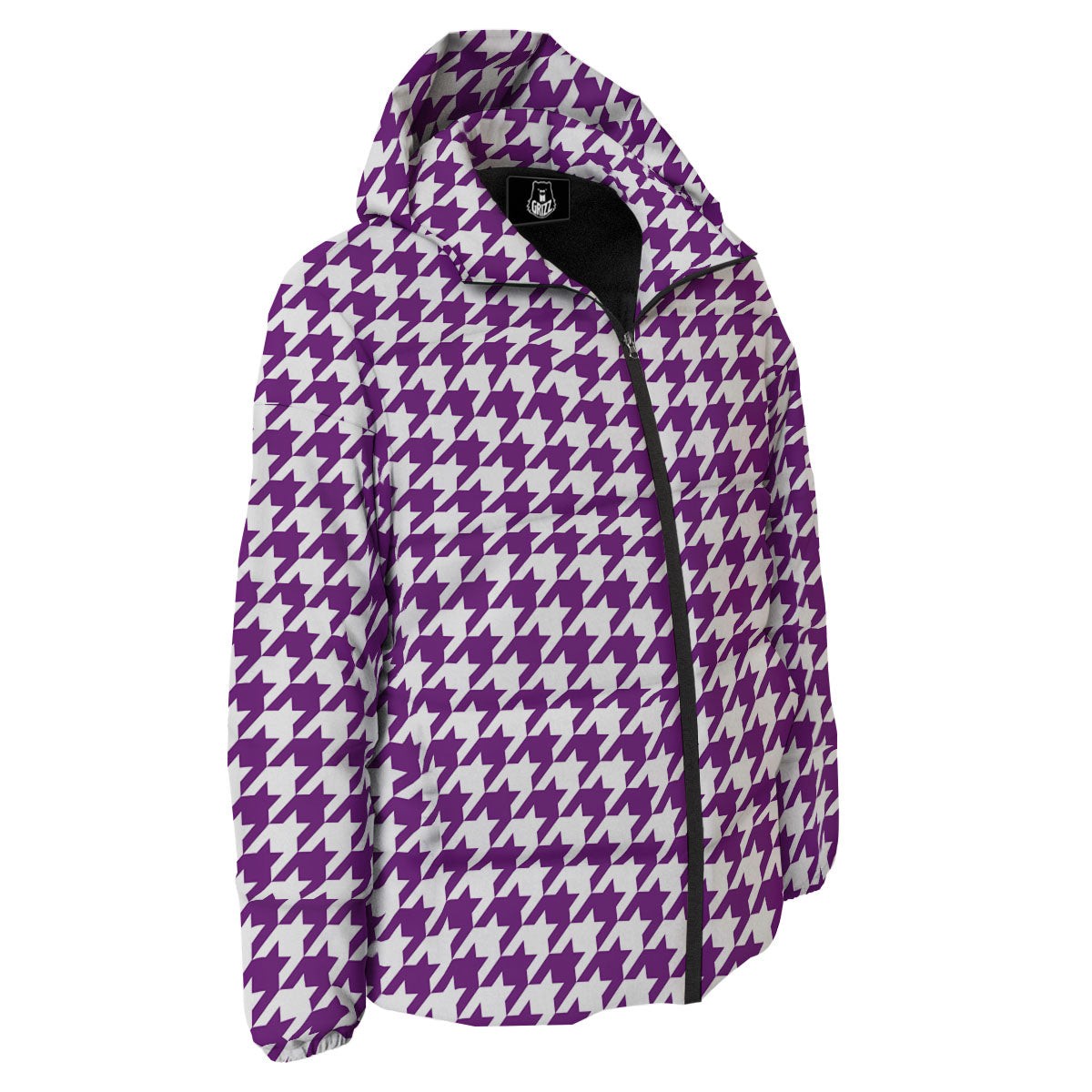 Houndstooth White And Purple Print Down Jacket-grizzshop