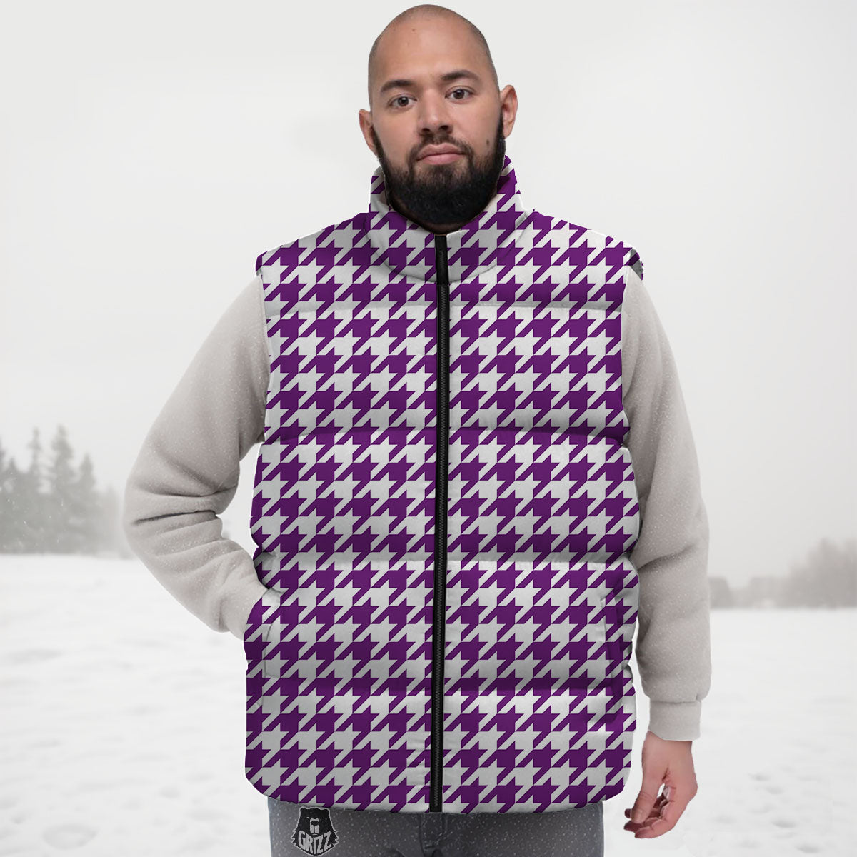 Houndstooth White And Purple Print Down Vest