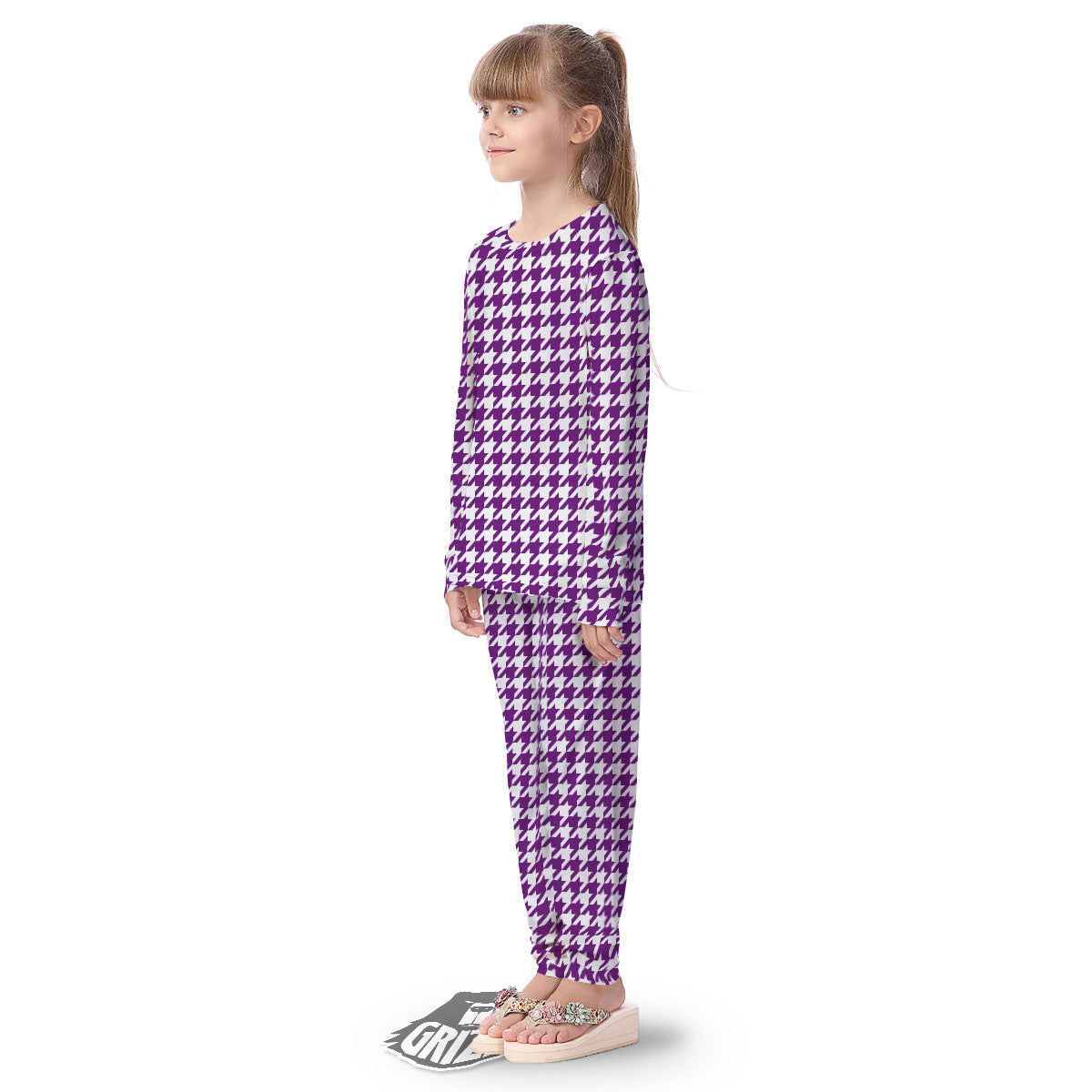 Houndstooth White And Purple Print Kid's Pajamas-grizzshop