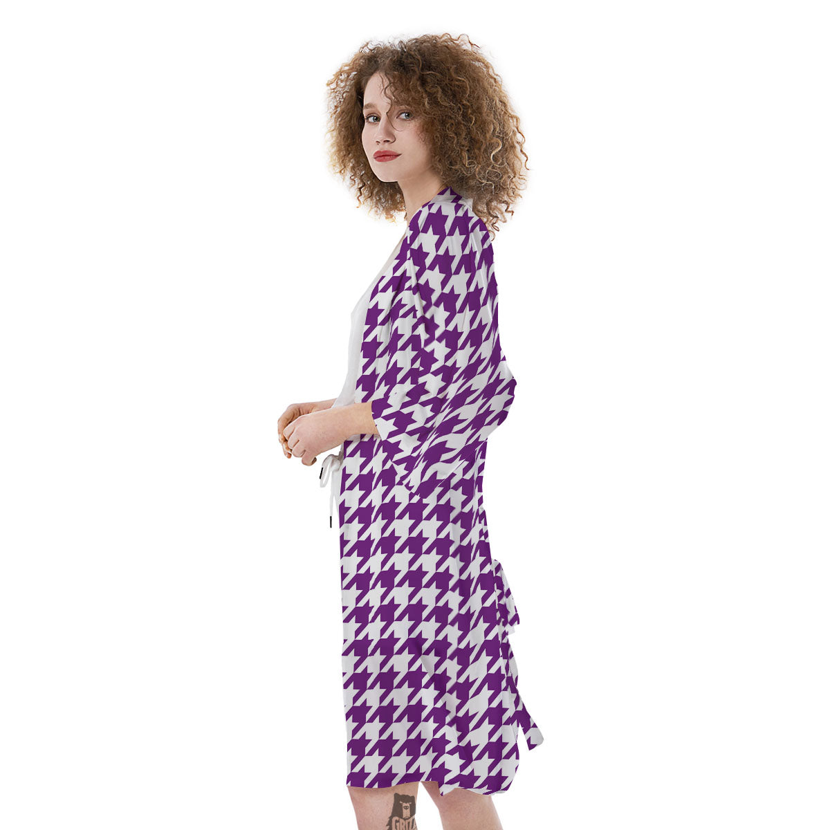 Houndstooth White And Purple Print Kimono-grizzshop