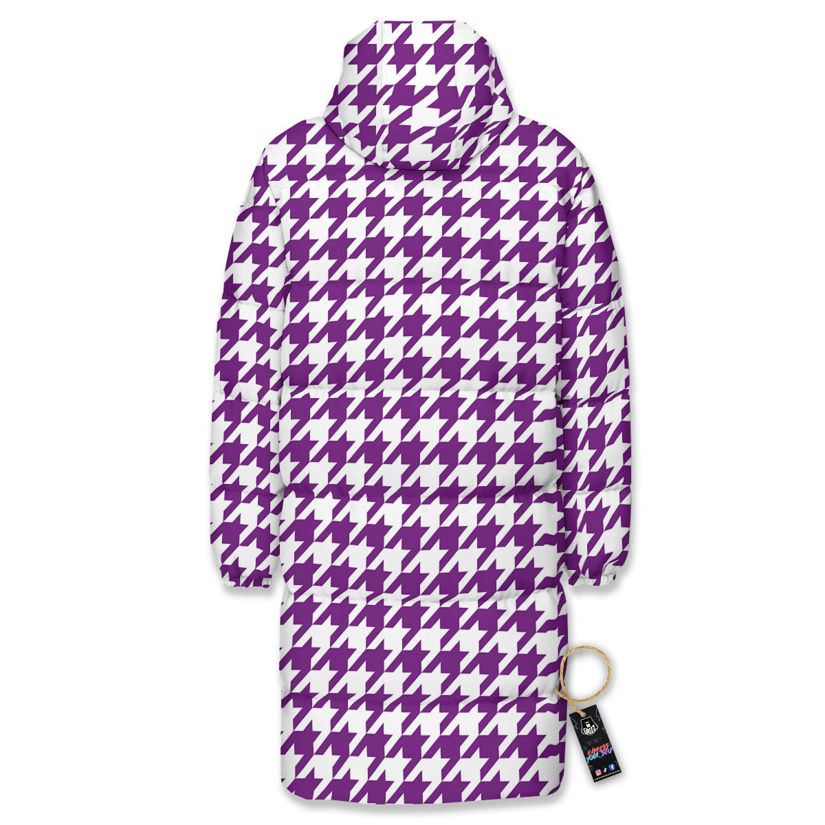 Houndstooth White And Purple Print Long Down Jacket-grizzshop