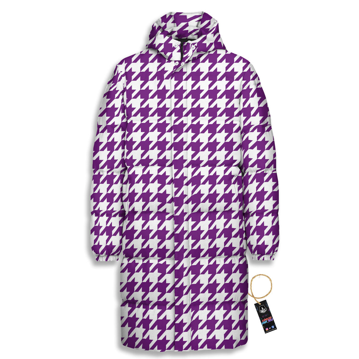 Houndstooth White And Purple Print Long Down Jacket-grizzshop