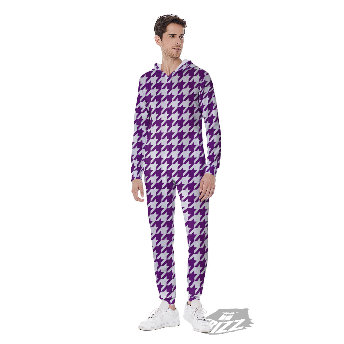 Houndstooth White And Purple Print Men's Jumpsuit-grizzshop