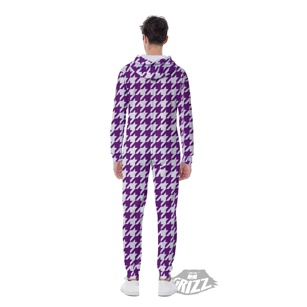 Houndstooth White And Purple Print Men's Jumpsuit-grizzshop