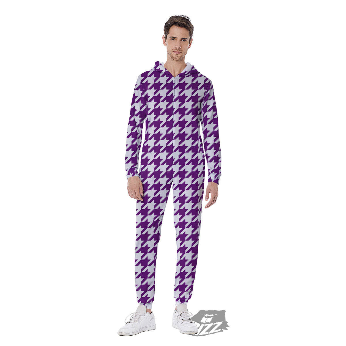Houndstooth White And Purple Print Men's Jumpsuit-grizzshop