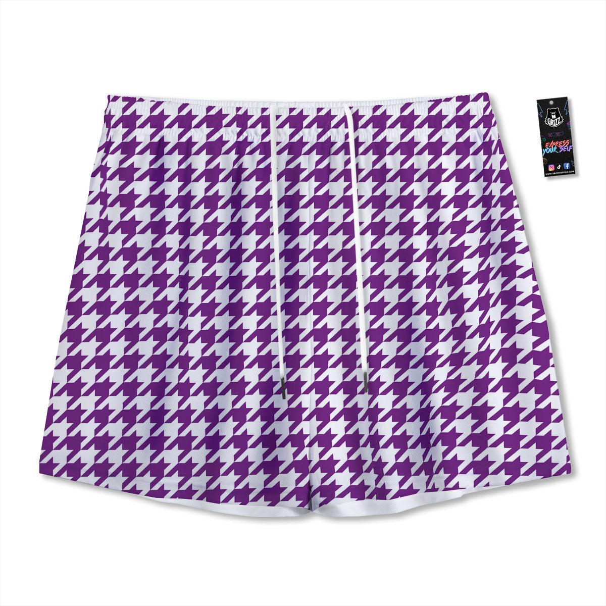 Houndstooth White And Purple Print Mesh Shorts