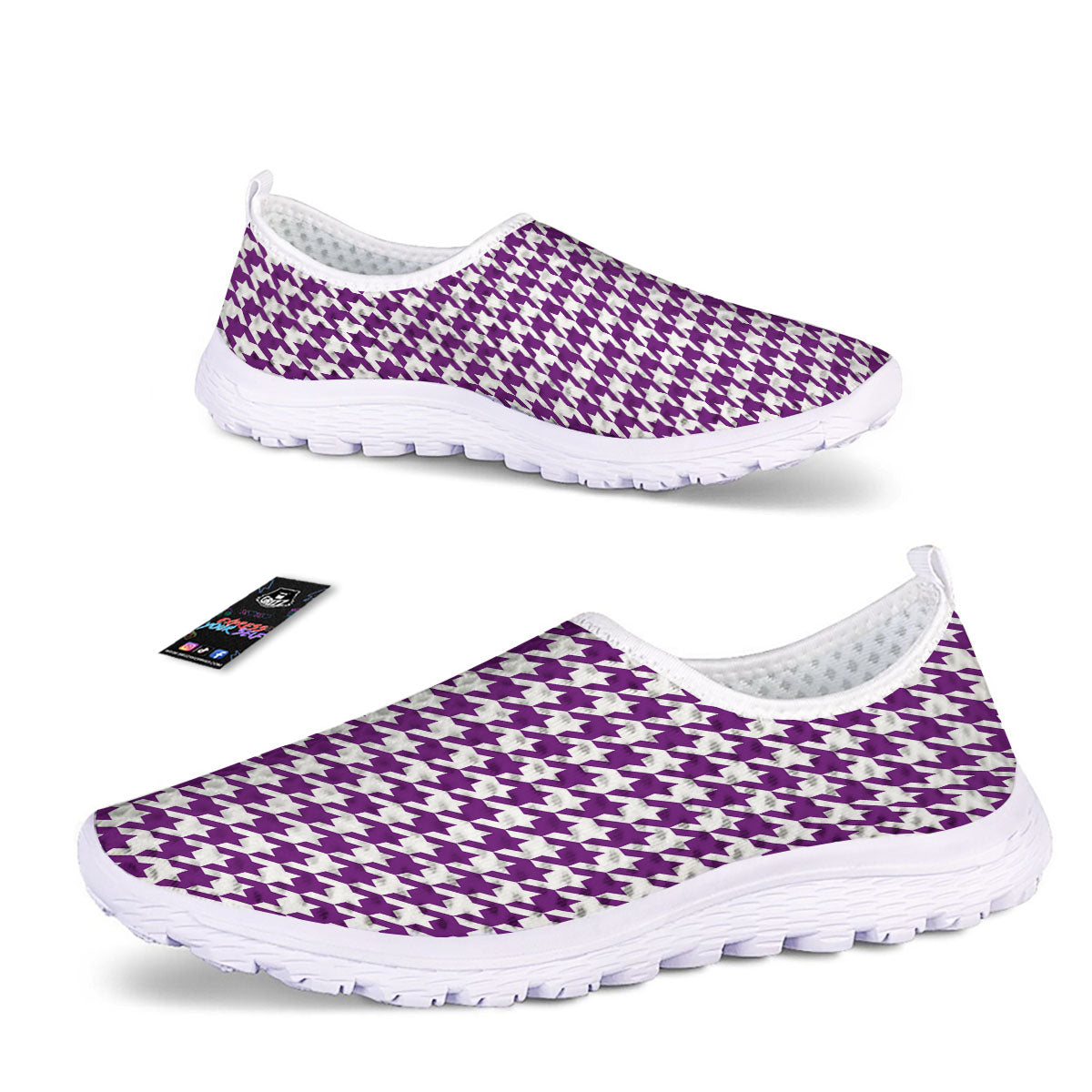 Houndstooth White And Purple Print Nurse Shoes-grizzshop