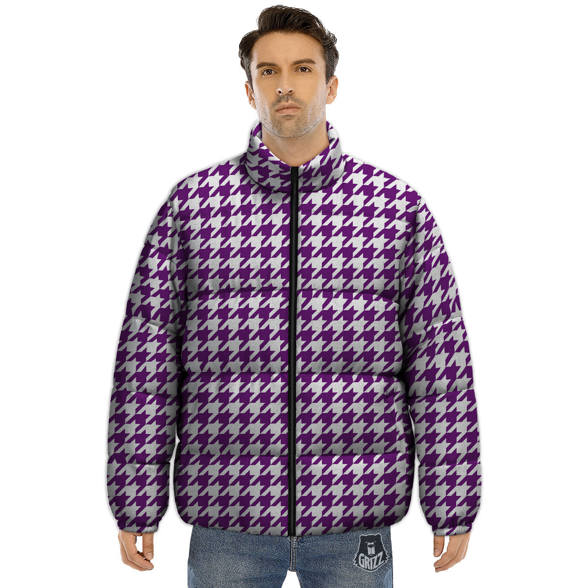 Houndstooth White And Purple Print Puffer Jacket-grizzshop