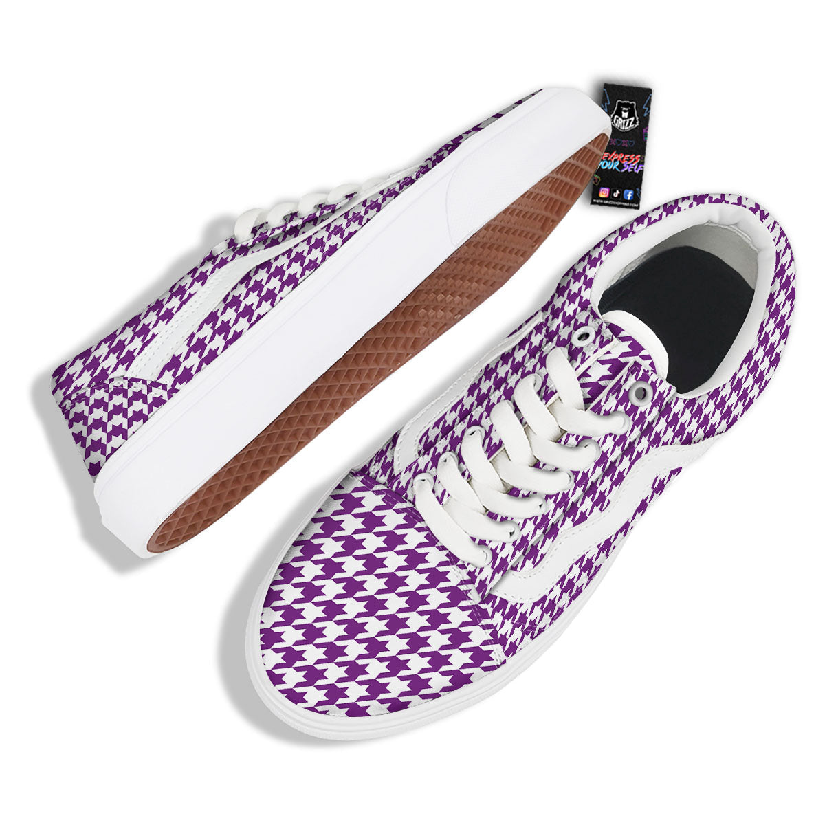 Houndstooth White And Purple Print Skate Shoes-grizzshop