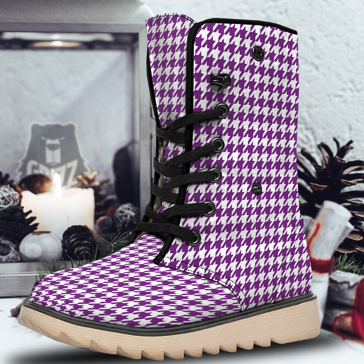 Houndstooth White And Purple Print Snow Boots-grizzshop