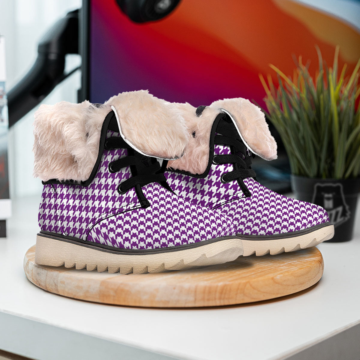Houndstooth White And Purple Print Snow Boots-grizzshop