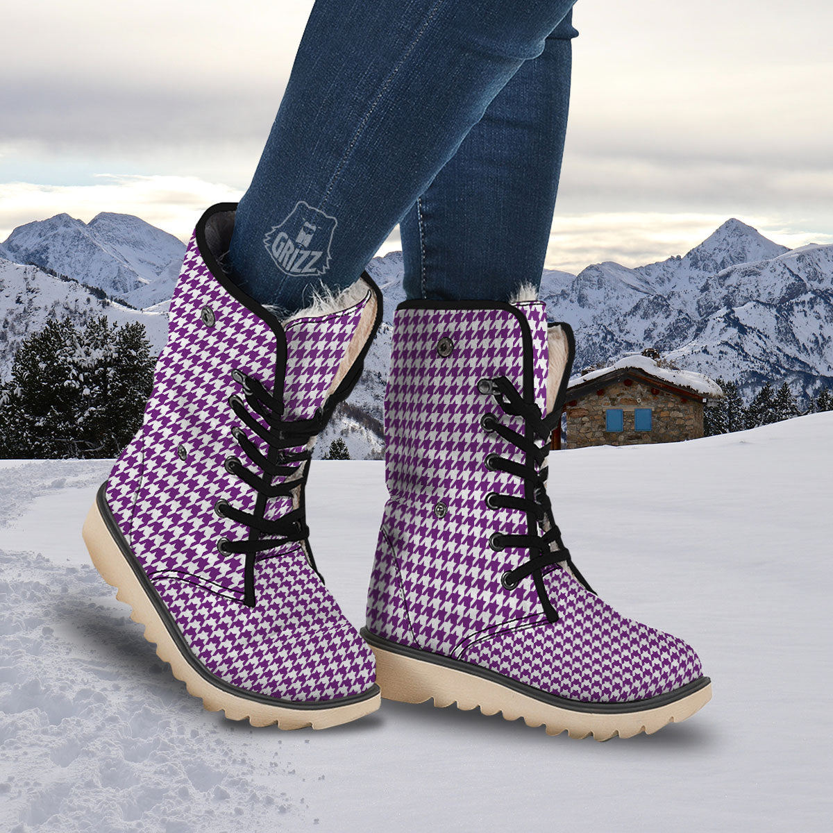 Houndstooth White And Purple Print Snow Boots-grizzshop