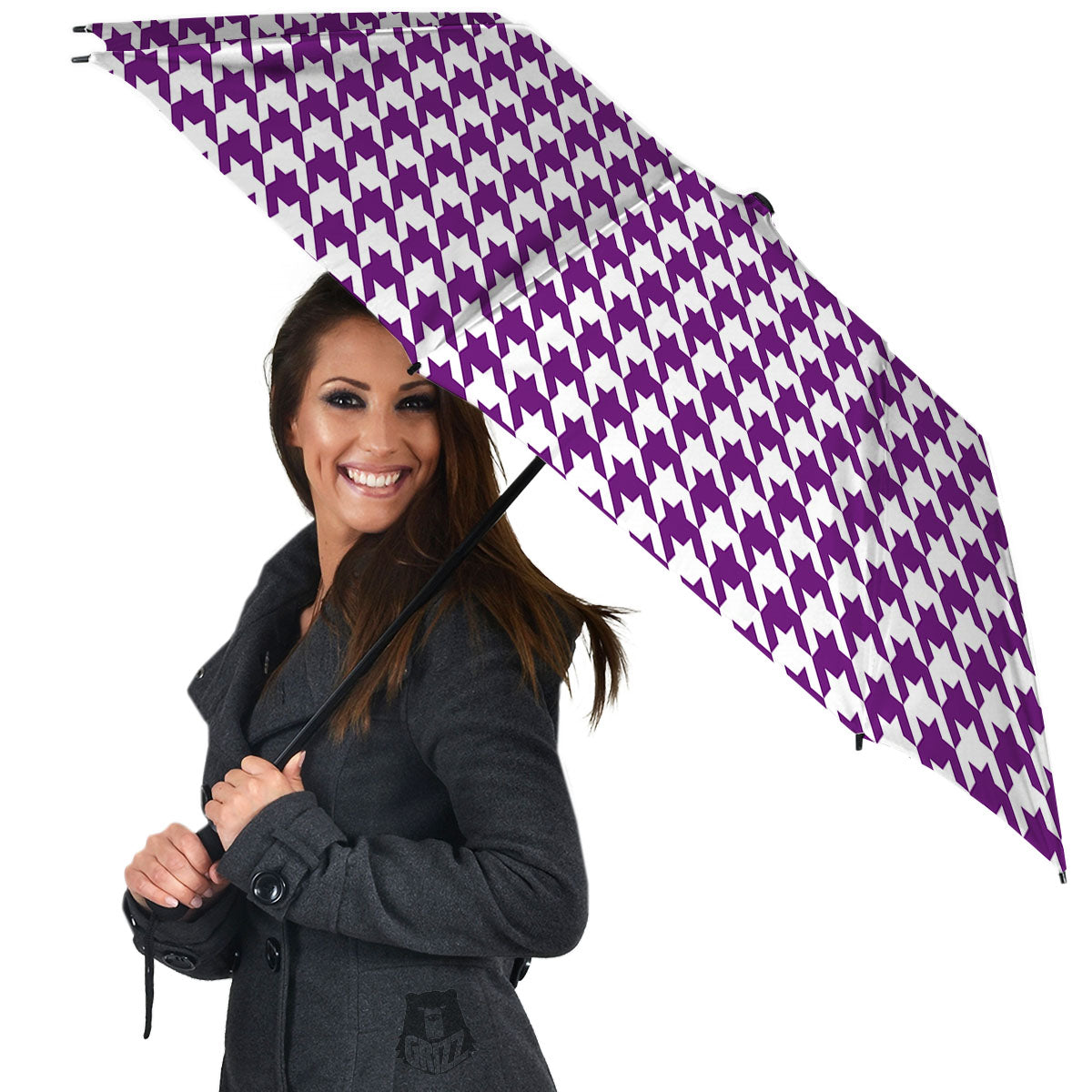 Houndstooth White And Purple Print Umbrella-grizzshop