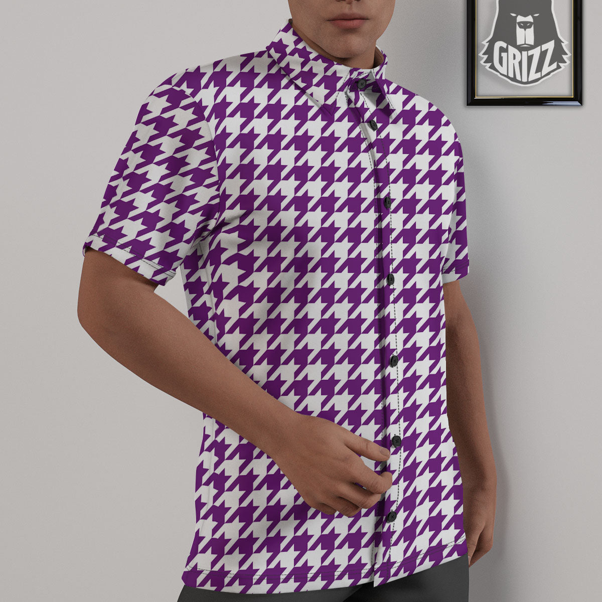 Houndstooth White And Purple Print Untucked Shirts-grizzshop