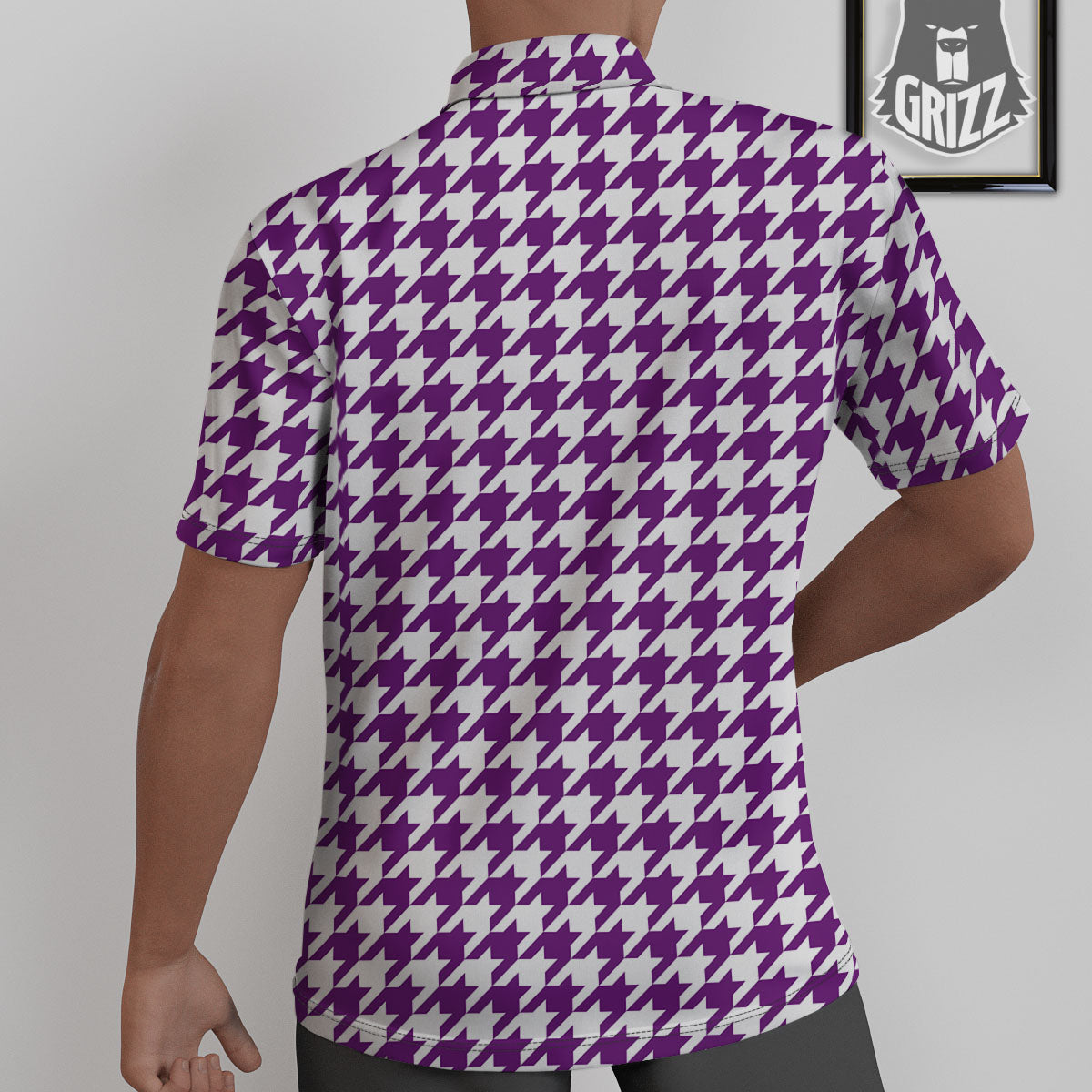Houndstooth White And Purple Print Untucked Shirts-grizzshop