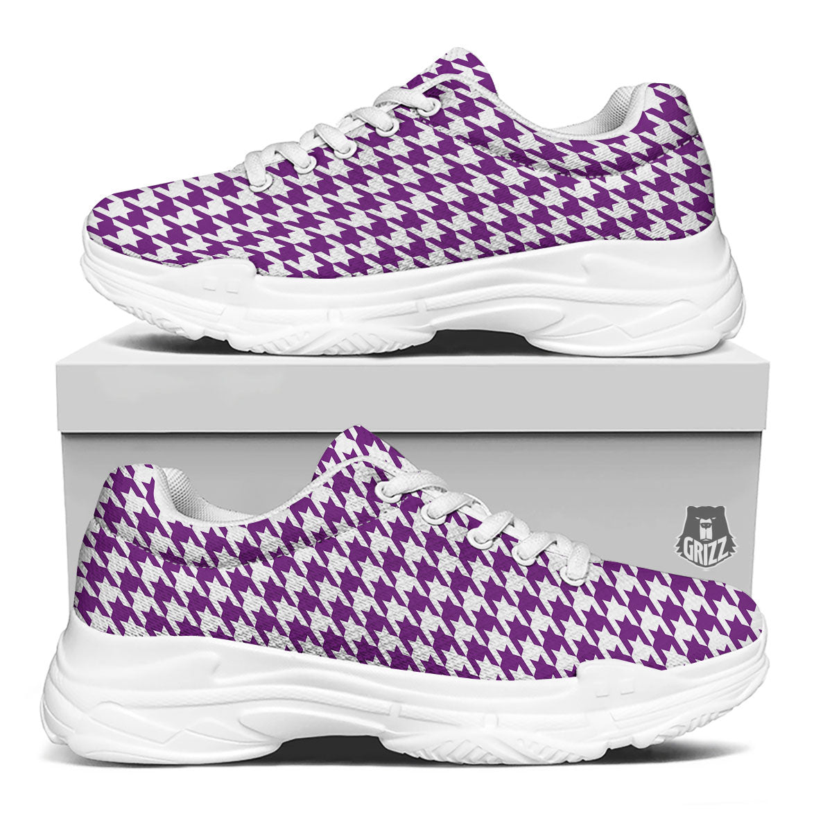 Houndstooth White And Purple Print White Chunky Shoes-grizzshop
