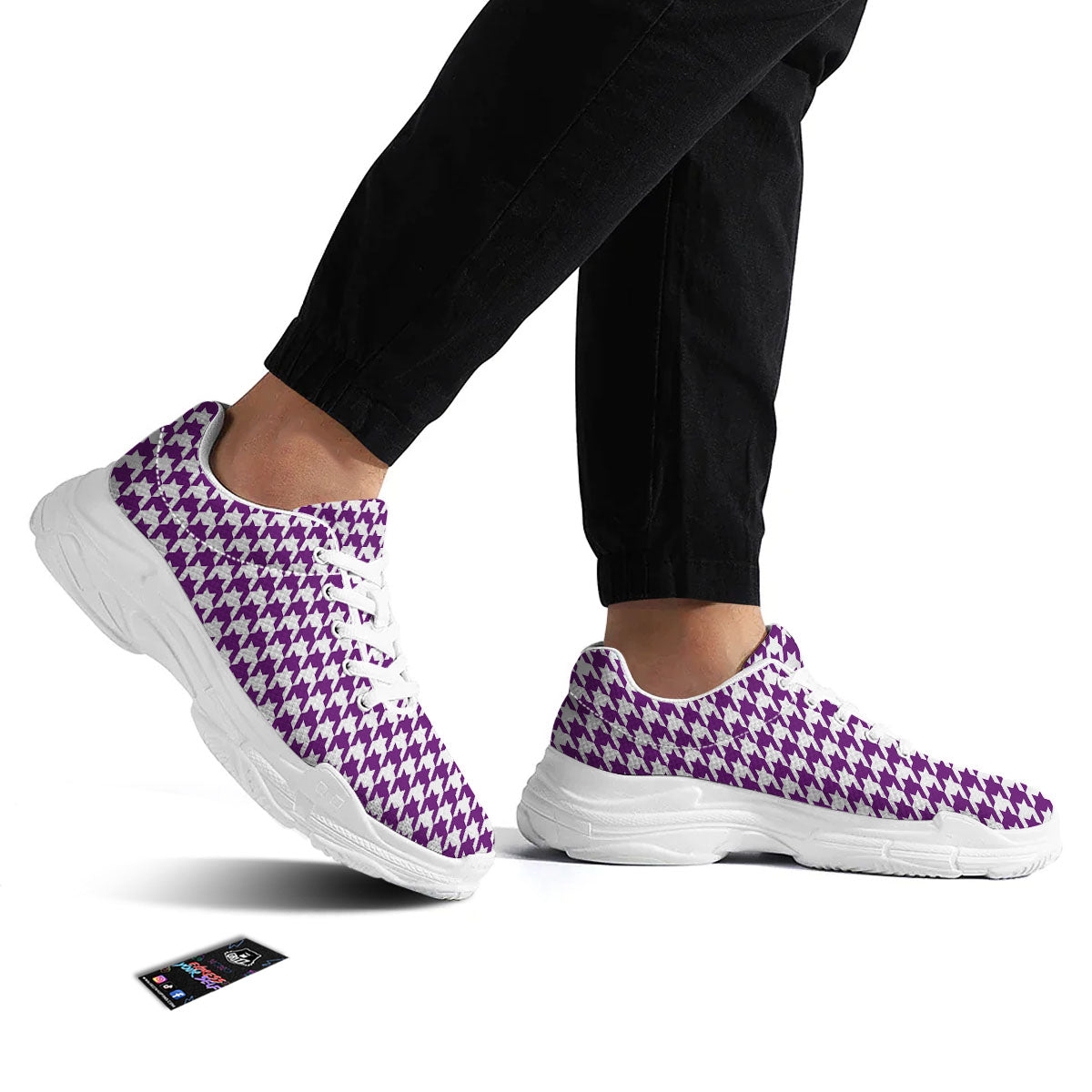 Houndstooth White And Purple Print White Chunky Shoes-grizzshop