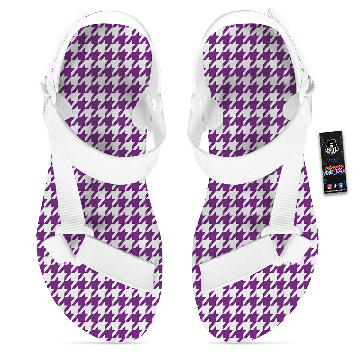 Houndstooth White And Purple Print White Open Toe Sandals-grizzshop