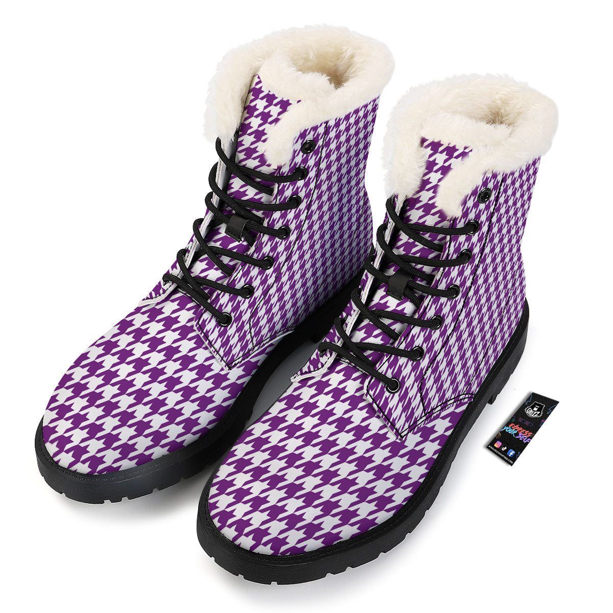 Houndstooth White And Purple Print Winter Boots-grizzshop
