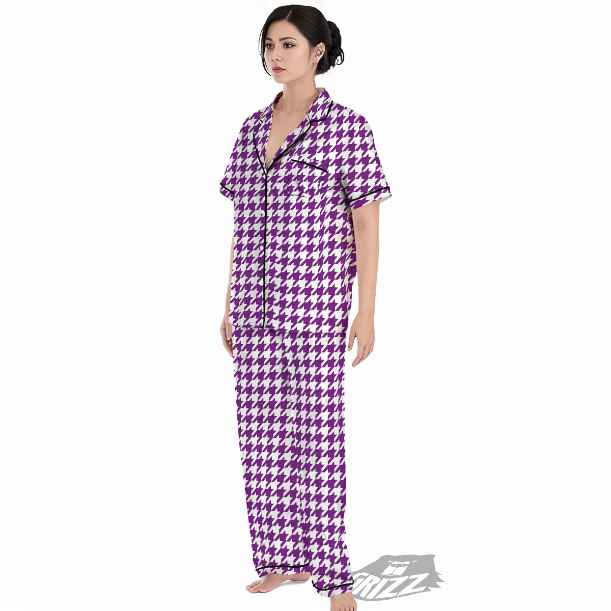Houndstooth White And Purple Print Women's Pajamas Set-grizzshop